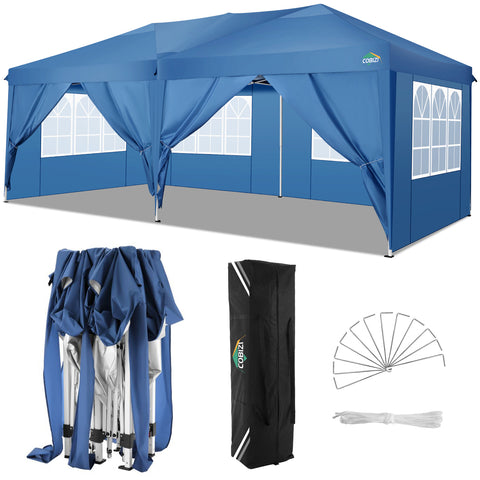 COBIZI 10x20 EZ-UP Canopy Tent Waterproof Canopy,Protable Instant Shelter Gazebo with 6 Removable Sidewalls and Carry Bag,Blue