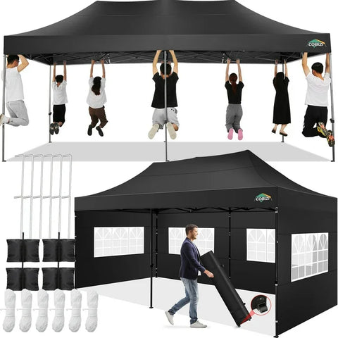 COBIZI 10x20 Heavy Duty Pop up Canopy Tent with 6 sidewalls Easy Up Commercial Outdoor Canopy Wedding Party Tents for Parties All Season Wind & Waterproof Gazebo with Roller Bag,Black(Frame Thickened)