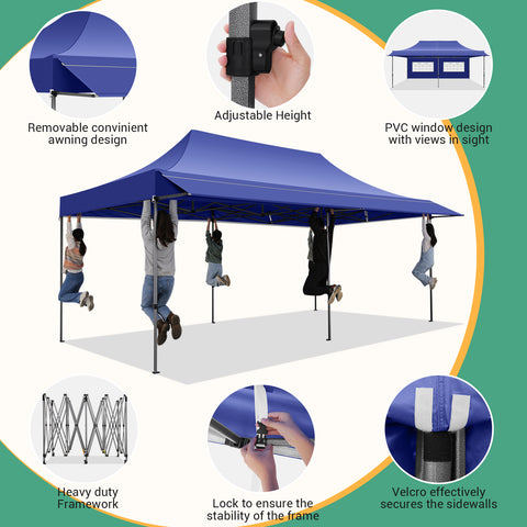 COBIZI 10x20 Pop Up Canopy Heavy Duty Party Tent with Removable Awning and Sidewalls,Easy Up Outdoor Wedding Canopy,Gazebo All Season Windproof&Waterproof with Roller Bag UPF 50+,Dark Blue
