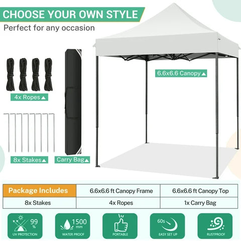 COBIZI 6.5x6.5ft Pop Up Canopy Tent,Heavy Duty Canopy Ez Up All Weather Waterproof Outdoor Canopy Tent for Parties,Beach,Garden,Camping with 1 Handbag,3 Adjustable Heights,UPF50+,White