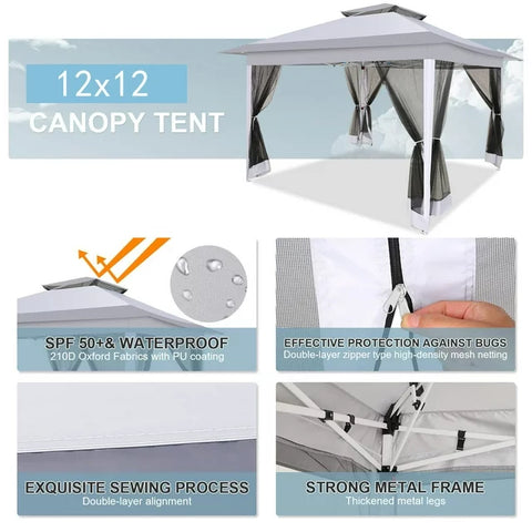 COBIZI 12x12 Outdoor Gazebo Pop Up Gazebo Canopy with Mosquito Netting Patio Tent Backyard Canopy with 2-Tiered Vented Top 3 Adjustable Height, Gray