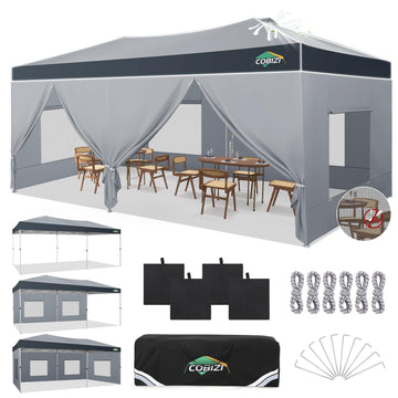 COBIZI 10x20 Pop Up Canopy Tent with Sidewalls, One Push Setup, Waterproof