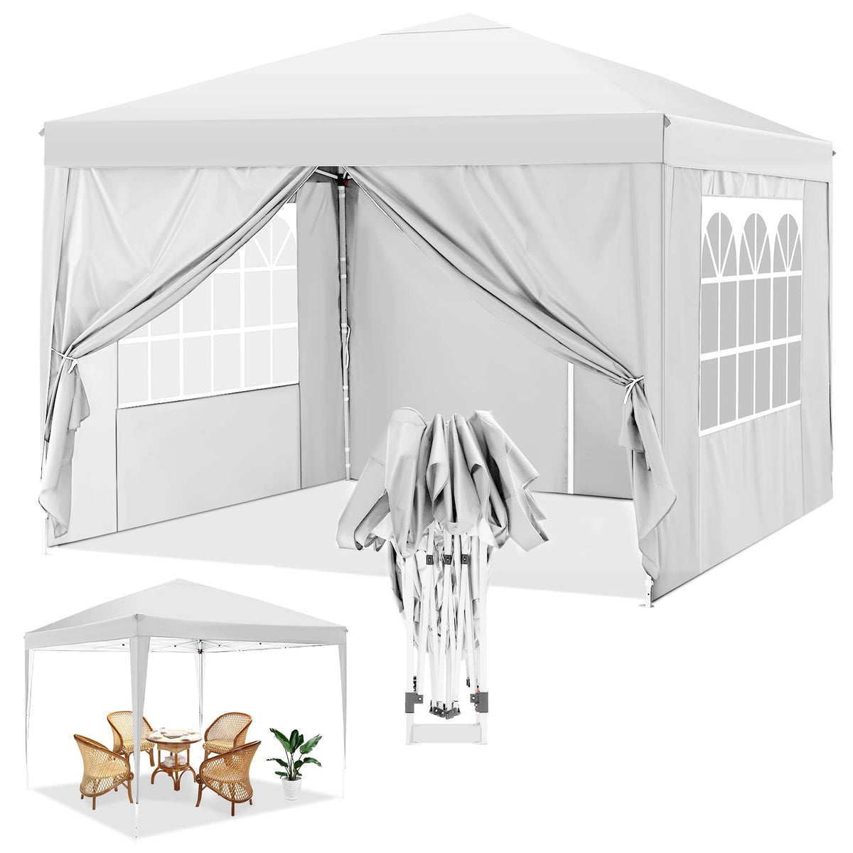 COBIZI 10x10ft Popup Canopy Waterproof Canopy with 4 Sidewalls Outdoor Commercial Instant Shelter Beach Camping Canopy Tent for Party, White