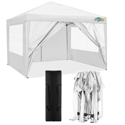 COBIZI 10x10ft Popup Canopy Waterproof Canopy with 4 Sidewalls Outdoor Commercial Instant Shelter Beach Camping Canopy Tent for Party, White