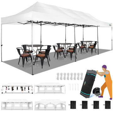 COBIZI 10x30 Heavy Duty Pop Up Canopy Tent with Sidewalls, Easy Up Canopy Commercial, Outdoor Wedding Party Tents for Party, Waterproof Gazebo, All Season, with Roller Bag, Frame Thickened, White