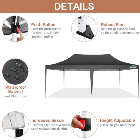 COBIZI 10x20 Pop up Canopy Gazebo, Outdoor Canopy Tent with 6 Removable Sidewalls,for Backyard, Parties, Wedding, Black