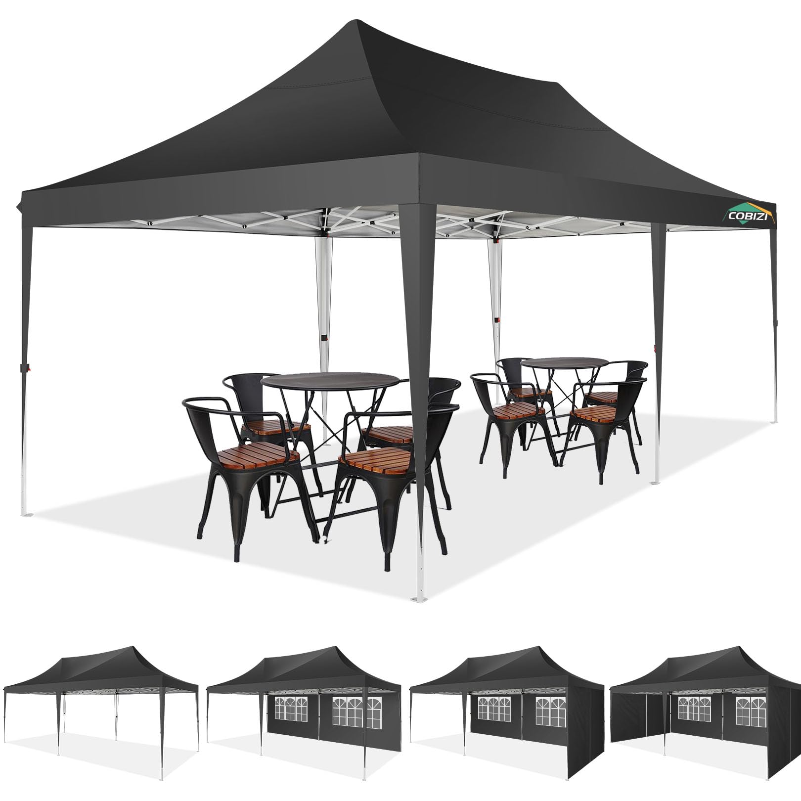 COBIZI 10x20 Pop up Canopy Gazebo, Outdoor Canopy Tent with 6 Removable Sidewalls,for Backyard, Parties, Wedding, Black