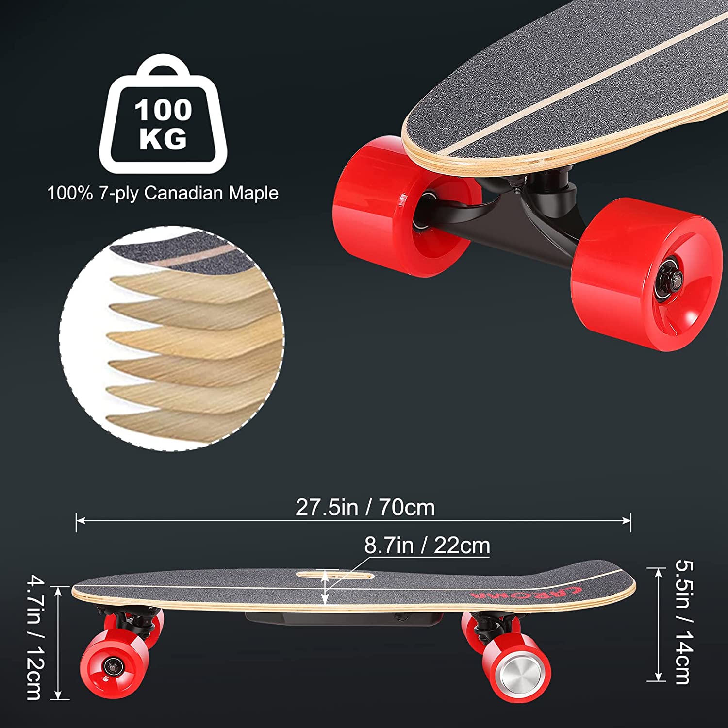 Caroma Skateboard électrique portable 350W en d'érable 7 couches
