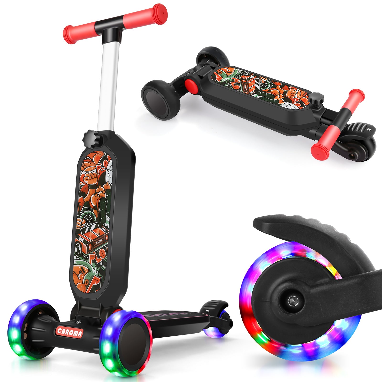 Caroma Kids 4 Stufen höhenverstellbarer Tretroller PU blinkende Räder breites Deck