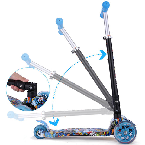 Caroma Kids Adjustable Height Kick Scooter PU Flashing 4 Wheels Wide Deck